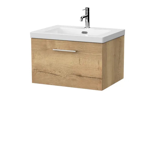 nuie lux Kivo 600mm Autumn Oak 1 Drawer Wall Hung Vanity Unit With 1 Tap Hole Fireclay Square Basin