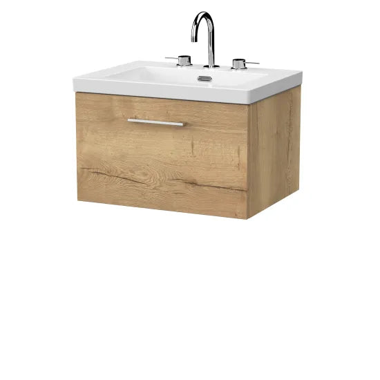 nuie lux Kivo 600mm Autumn Oak 1 Drawer Wall Hung Vanity Unit With 3 Tap Holes Fireclay Square Basin