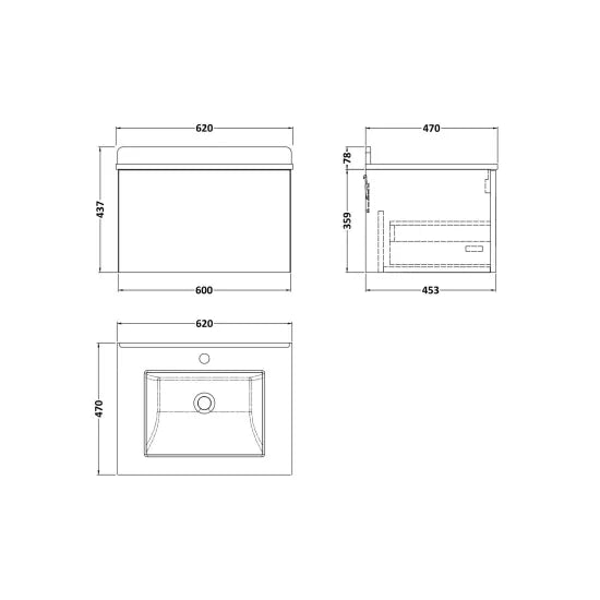 nuie lux Kivo 600mm Autumn Oak 1 Drawer Wall Hung Vanity Unit With 1 Tap Hole Marble Worktop