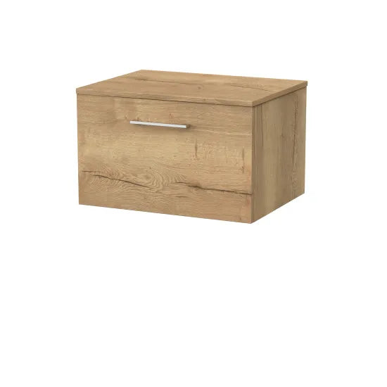 nuie lux Kivo 600mm Autumn Oak 1 Drawer Wall Hung Vanity Unit With Co-ordinating Worktop