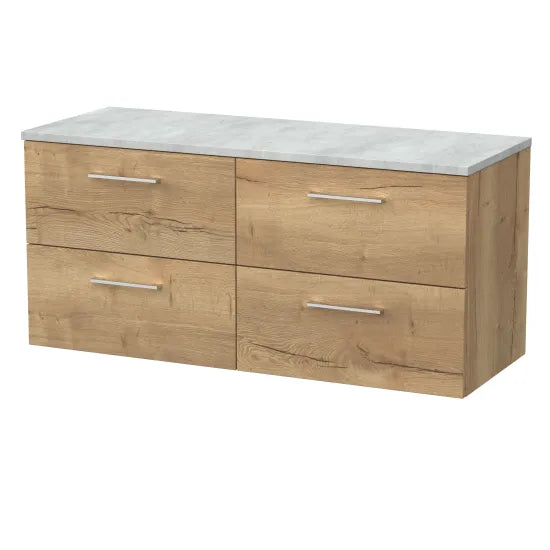 nuie lux Kivo 1200mm Autumn Oak 4 Drawer Wall Hung Vanity Unit With Bellato Grey Worktop