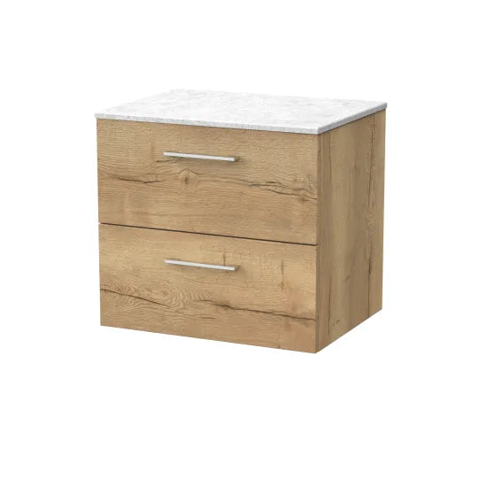 nuie lux Kivo 600mm Autumn Oak 2 Drawer Wall Hung Vanity Unit With Marble Worktop
