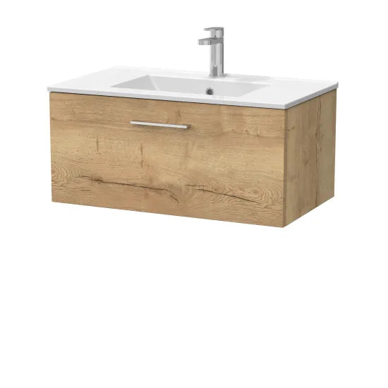 nuie lux Kivo 800mm Autumn Oak 1 Drawer Wall Hung Vanity Unit With 1 Tap Hole Basin With Worktop