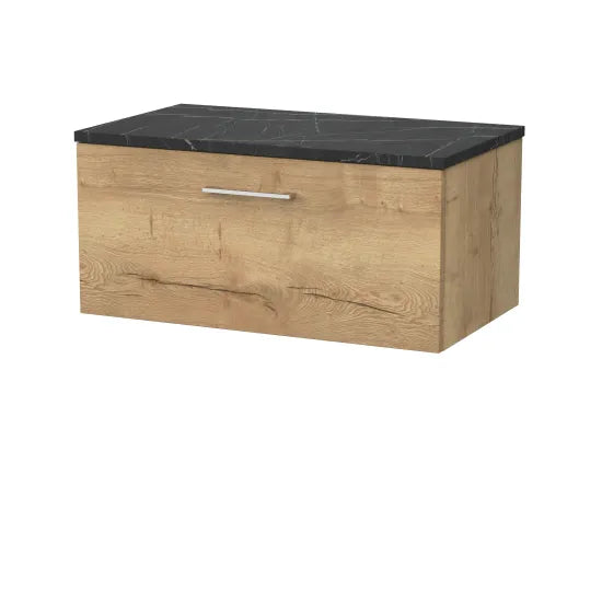 nuie lux Kivo 800mm Autumn Oak 1 Drawer Wall Hung Vanity Unit With Black Pietra Marble Laminate Worktop