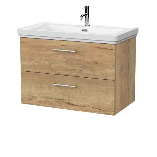 nuie lux Kivo 800mm Autumn Oak 2 Drawer Wall Hung Vanity Unit With 1 Tap Hole Fireclay Basin With Ceramic Basin