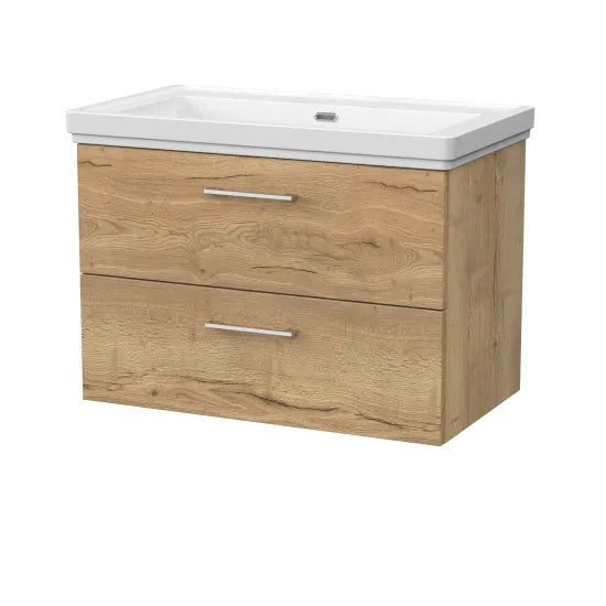 nuie lux Kivo 800mm Autumn Oak 2 Drawer Wall Hung Vanity Unit With Fireclay Basin