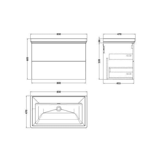 nuie lux Kivo 800mm Autumn Oak 2 Drawer Wall Hung Vanity Unit With Fireclay Basin