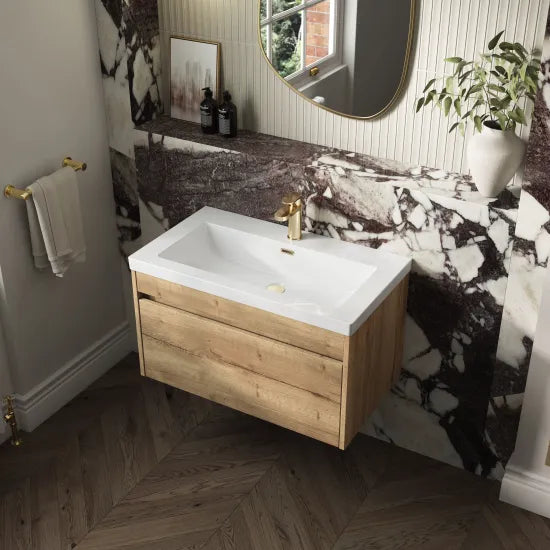 nuie lux Loftwood Autumn Oak 1 Drawer Wall Hung Vanity Unit With 1 Tap Hole Fireclay Basin