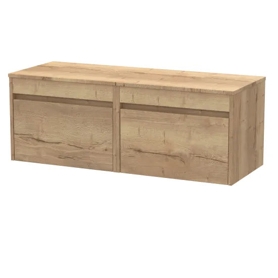 nuie lux Loftwood 1200mm Autumn Oak 2 Drawer Wall Hung Vanity Unit With Co-ordinating Worktop