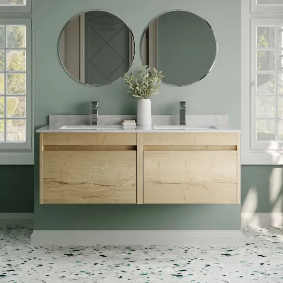 nuie lux Loftwood 1200mm Autumn Oak 2 Drawer Wall Hung Vanity With Twin Marble Basin