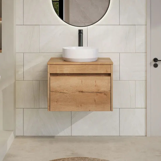 nuie lux Loftwood Autumn Oak 1 Drawer Wall Hung Vanity Unit With Co-ordinating Worktop