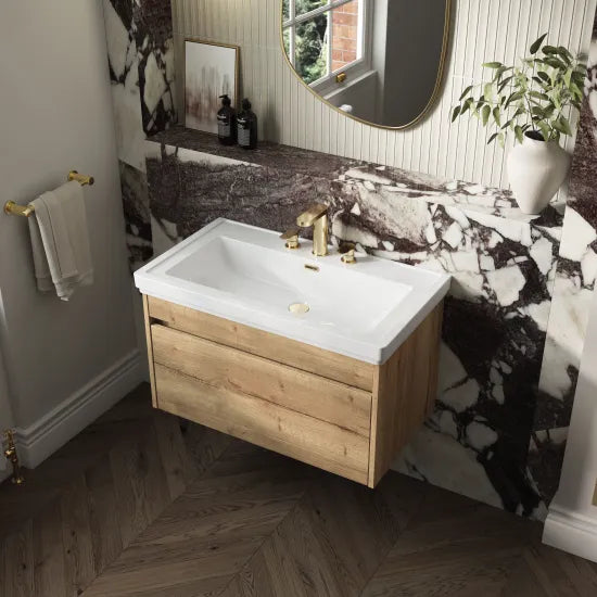 nuie lux Loftwood Autumn Oak 1 Drawer Wall Hung Vanity Unit With 3 Tap Holes Fireclay Basin