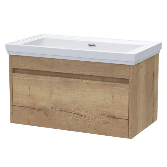 nuie lux Loftwood Autumn Oak 1 Drawer Wall Hung Vanity Unit With Fireclay Basin
