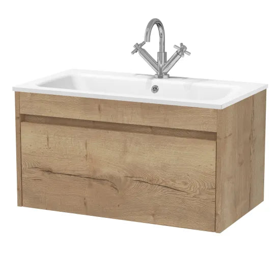 Nuie Lux Loftwood Autumn Oak Wall Hung 1-Drawer Unit & Stone Basin 1TH