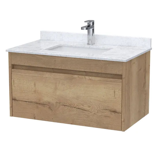 nuie lux Loftwood Autumn Oak 1 Drawer Wall Hung Vanity Unit With Basin With Marble Worktop