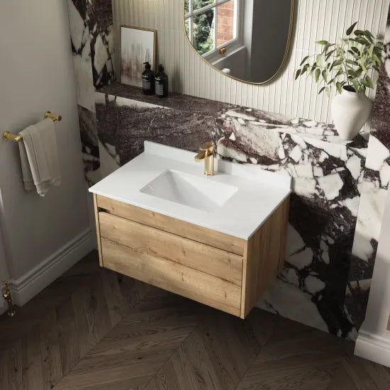 nuie lux Loftwood Autumn Oak 1 Drawer Wall Hung Vanity Unit With Basin With Marble Worktop