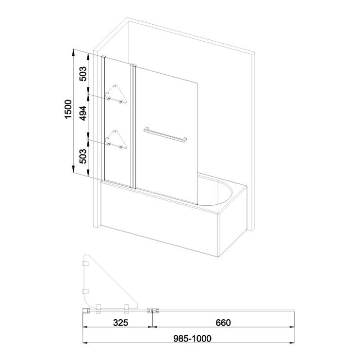 1000x1500mm Two Panel Folding Bath Screen (6mm) - Chrome