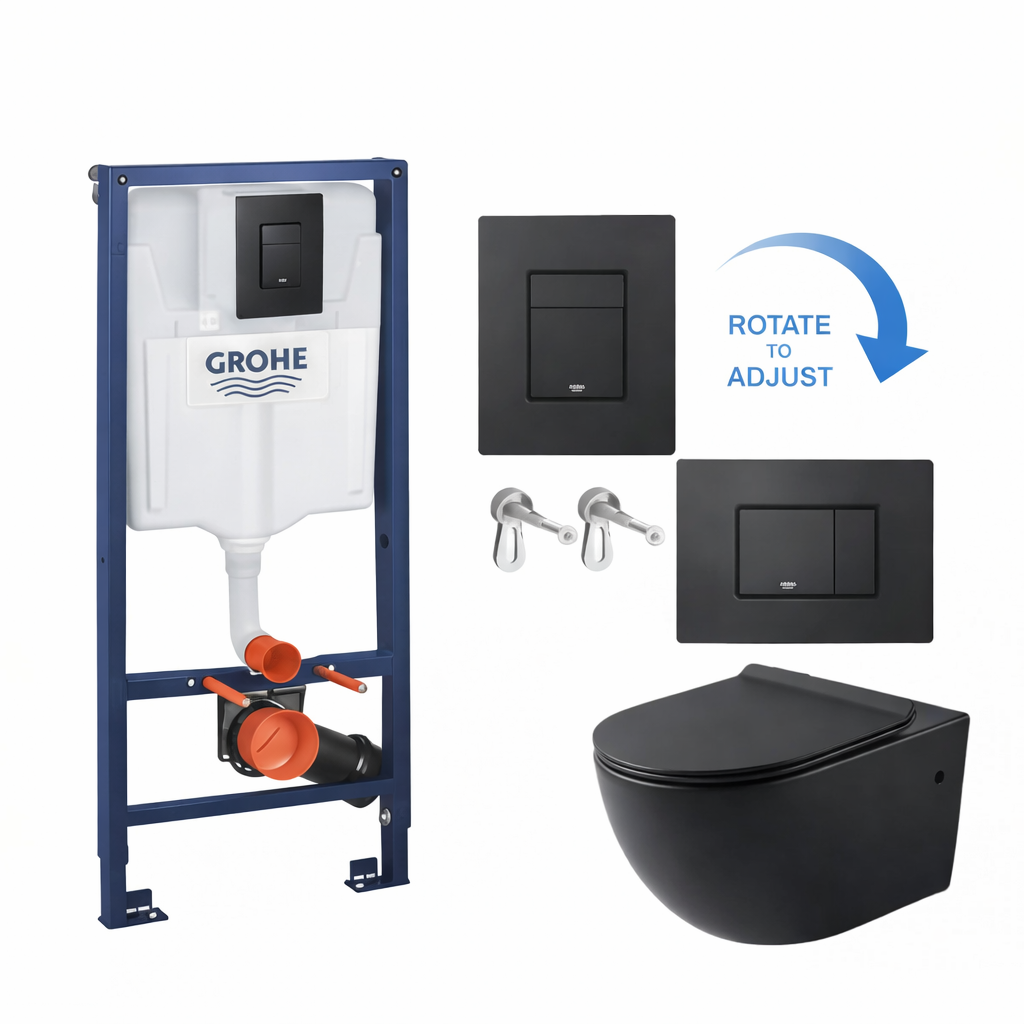 Grohe Cistern frame and Black Wall Hung rimless Toilet Set
