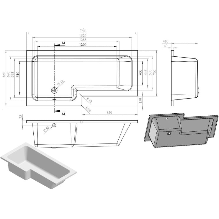 L-Shape 1700x700-850x410mm 0TH Shower Bath, Panel & Screen (RH)