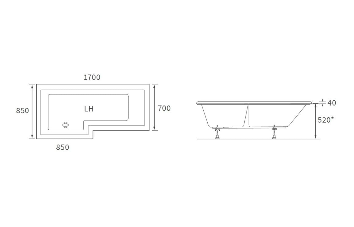 Navarre L Shape 1700x850x560mm 0TH Shower Bath Pack - Brushed Bronze