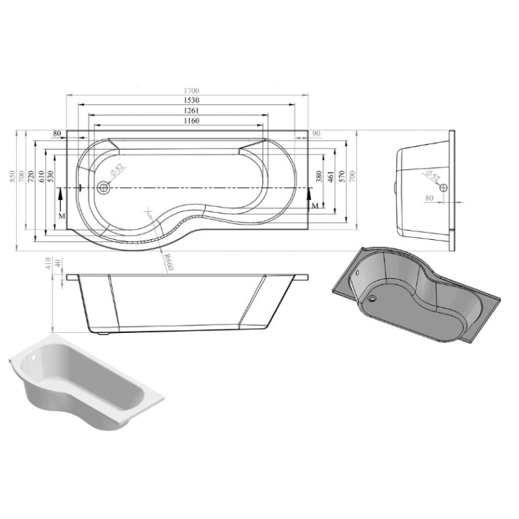 Ora P Shape SUPERCAST 1700x850x560mm 0TH Shower Bath Pack