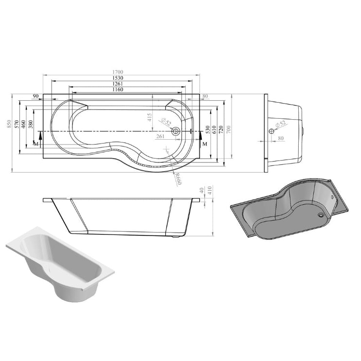 Ora P Shape SUPERCAST 1700x850x560mm 0TH Shower Bath Pack