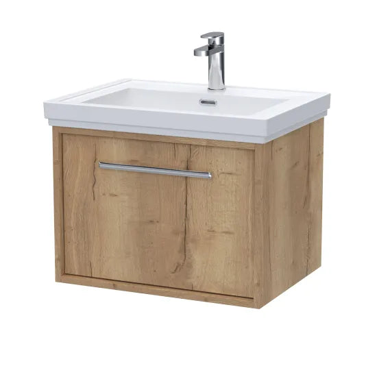 nuie lux Roseburn Autumn Oak 1 Drawer Wall Hung Vanity Unit With 1 Tap Hole Fireclay Basin