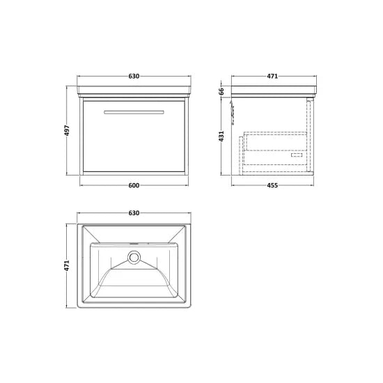 nuie lux Roseburn Autumn Oak 1 Drawer Wall Hung Vanity Unit With Fireclay Basin