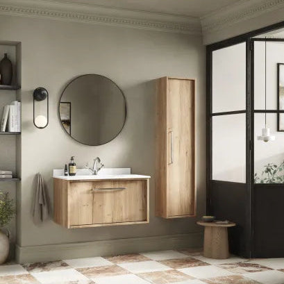 nuie lux Roseburn Autumn Oak 1 Drawer Wall Hung Vanity Unit With Basin With Marble Worktop