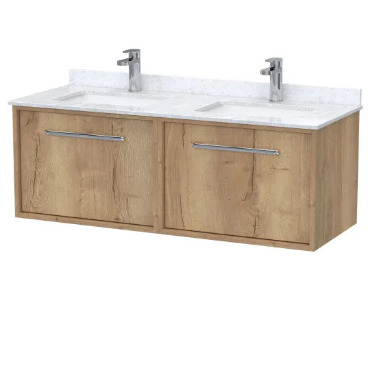 nuie lux Roseburn 1200mm Autumn Oak 2 Drawer Wall Hung Vanity With Twin Marble Basin