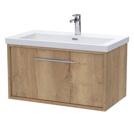 nuie lux Roseburn Autumn Oak 1 Drawer Wall Hung Vanity Unit With 1 Tap Hole Fireclay Basin