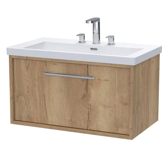 nuie lux Roseburn 600mm Autumn Oak 1 Drawer Wall Hung Vanity Unit With 3 Tap Holes Fireclay Basin