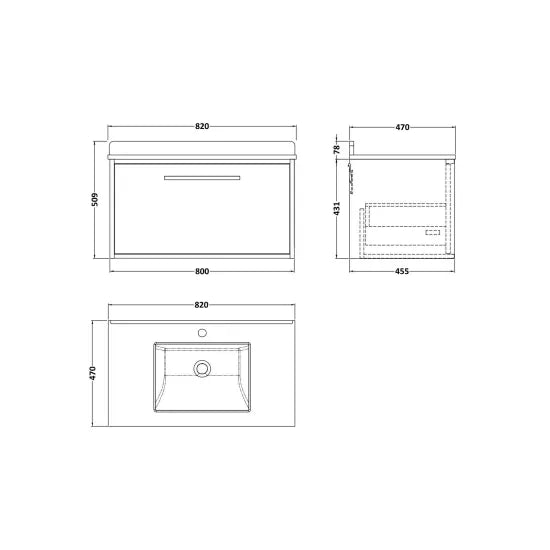 nuie lux Roseburn 800mm Autumn Oak 1 Drawer Wall Hung Vanity Unit With Basin With Marble Worktop