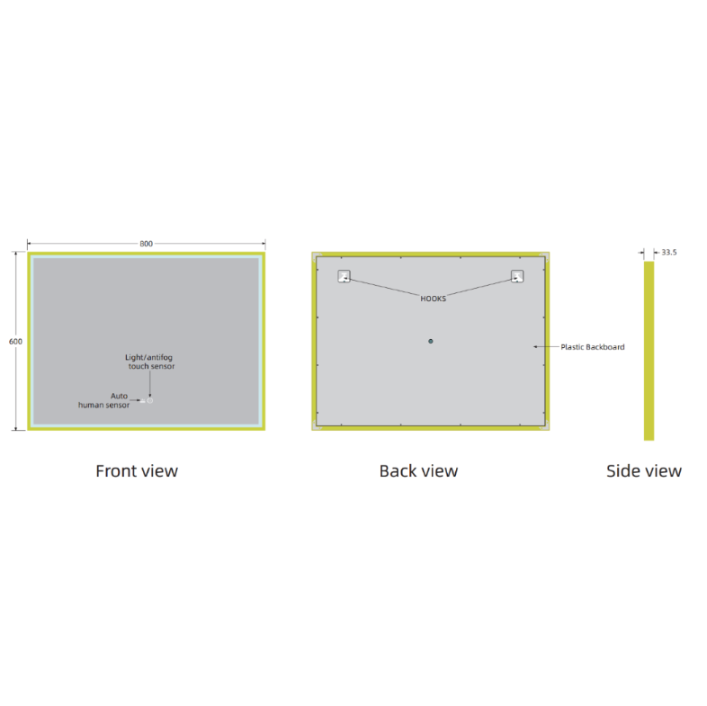 Yora horizontal frame front lit mirror brushed gold frame 800mm x 600mm