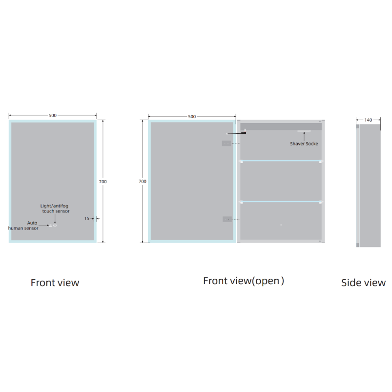 Yora vertical alaminum front lit mirror cabinet single door 500mm x 700mm