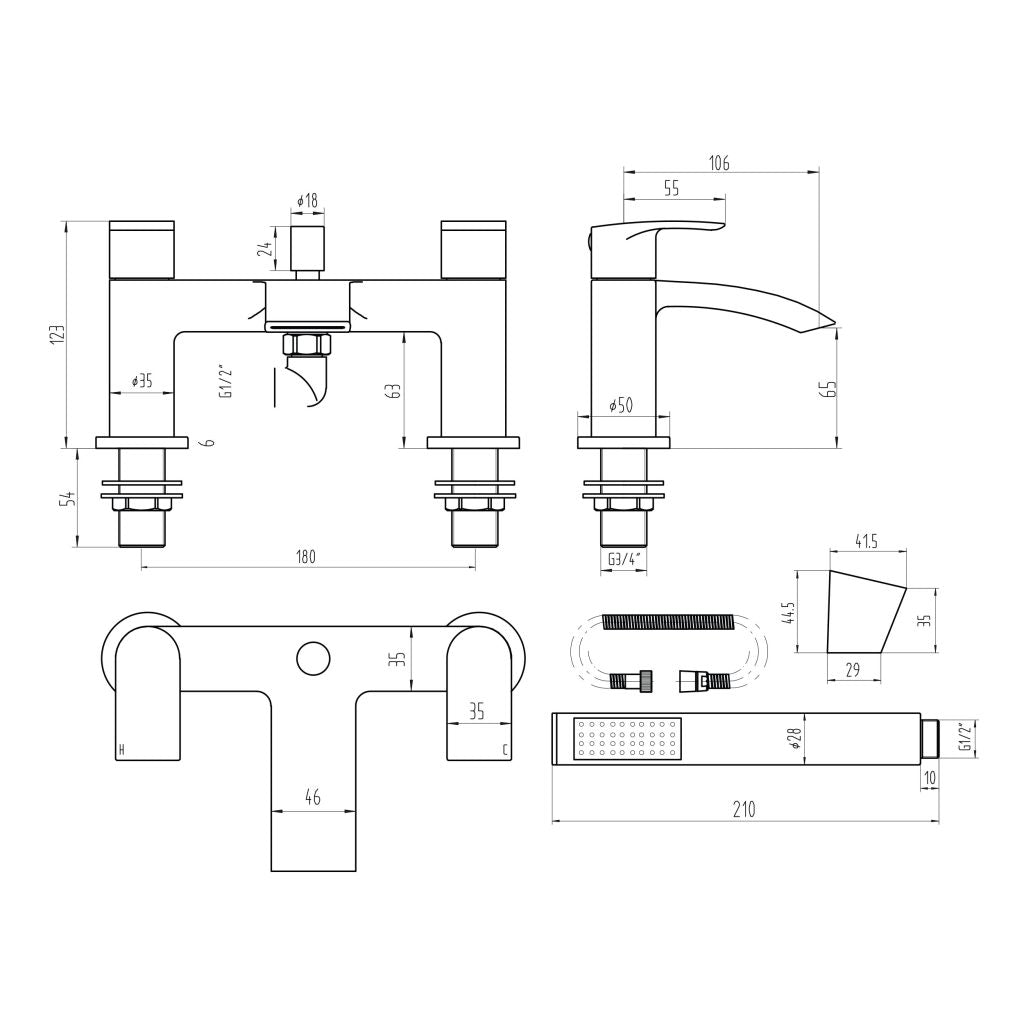 Belini Bath Shower Mixer with shower kit and wall bracket