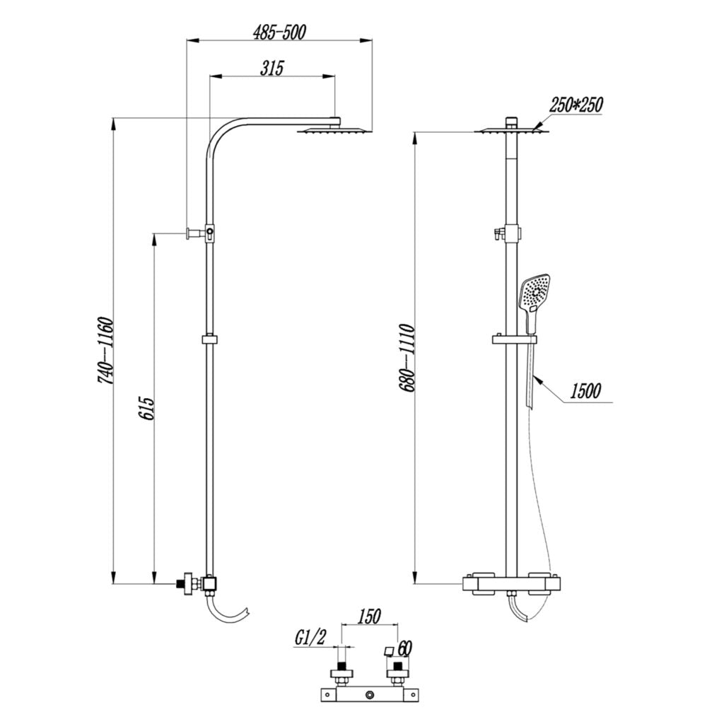 Helier Square Cool Touch Rigid Riser Shower