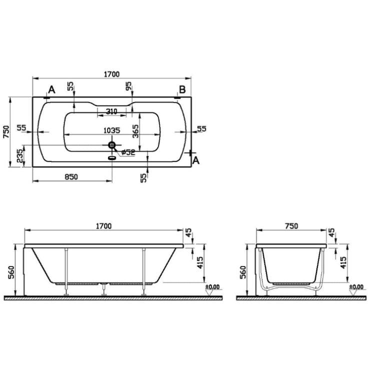 VitrA Optima 0TH 1700x750mm Double Ended Bath