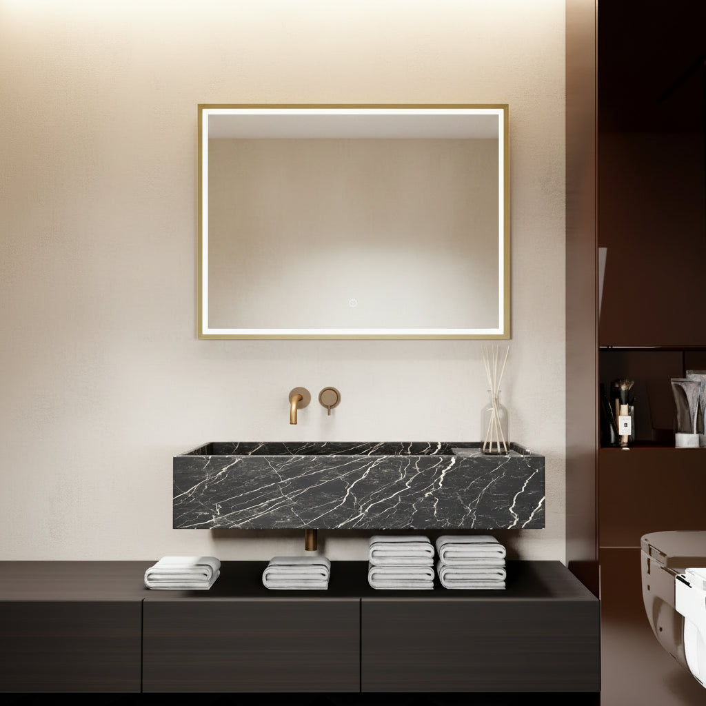 Yora horizontal frame front lit mirror brushed brass frame 800mm x 600mm