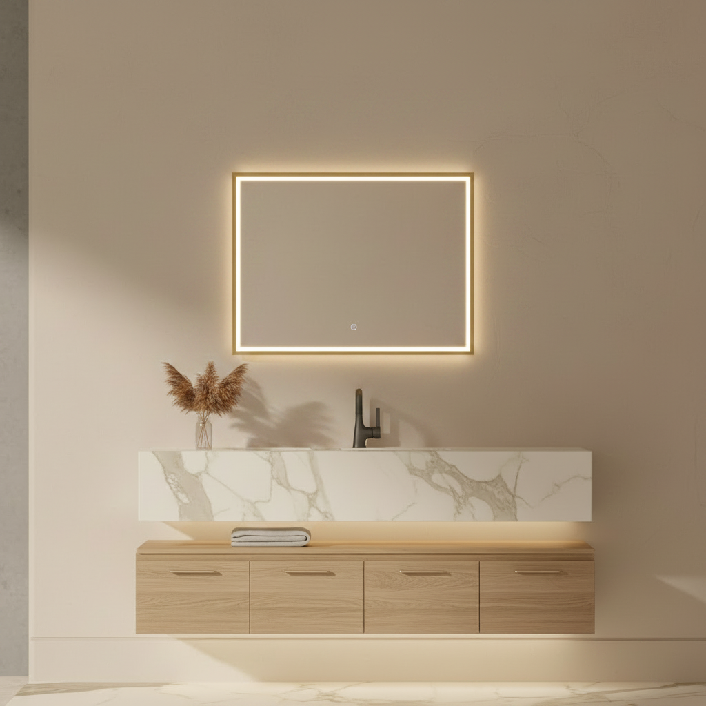 Yora horizontal frame front lit mirror brushed brass frame 800mm x 600mm