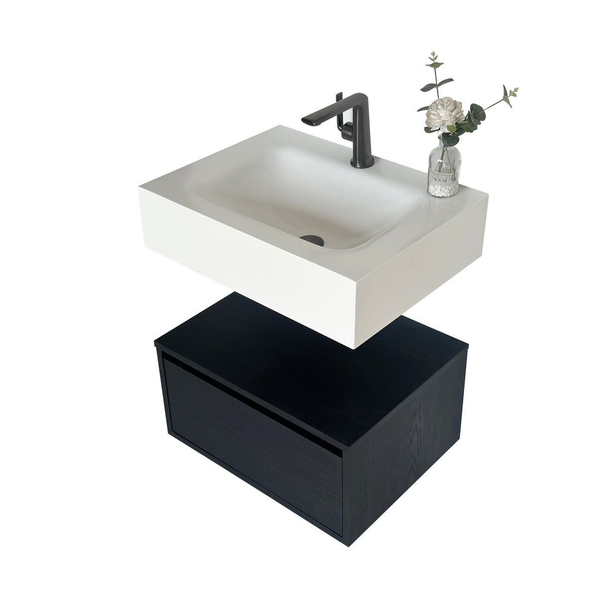 Caroline bold black floating wall hung vanity 600mm with white stone basin