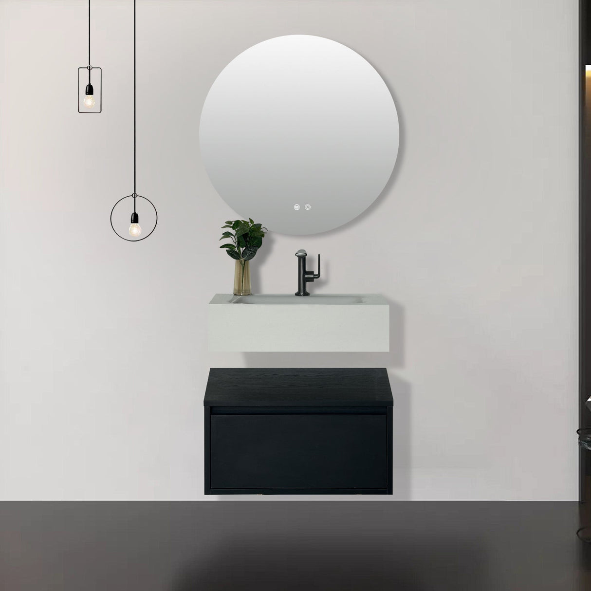 Caroline bold black floating wall hung vanity 600mm with white stone basin