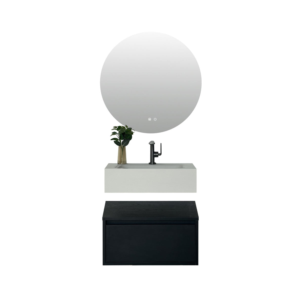 Caroline bold black floating wall hung vanity 600mm with white stone basin