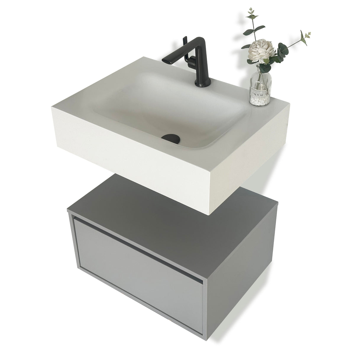 Cindy Dove grey floating wall hung vanity 600mm with white stone basin