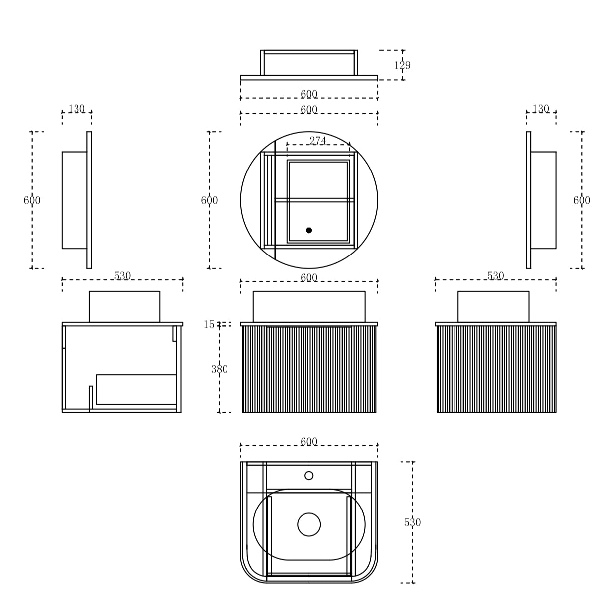 Brisa Wall Hung Fluted Vanity Set 600mm X 500mm