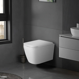 Savoy white wall hung rimless toilet chrome accent