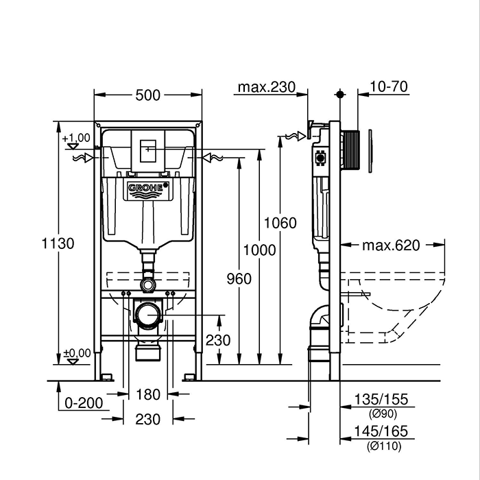Grohe cistern frame SL 3 in 1 Set 1.13m for Wall Hung toilet