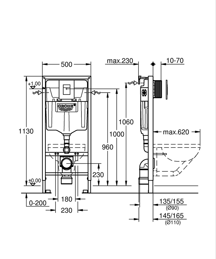 Grohe Rapid SL 3 in 1 Set 1.13m Support Frame for Wall Hung WC