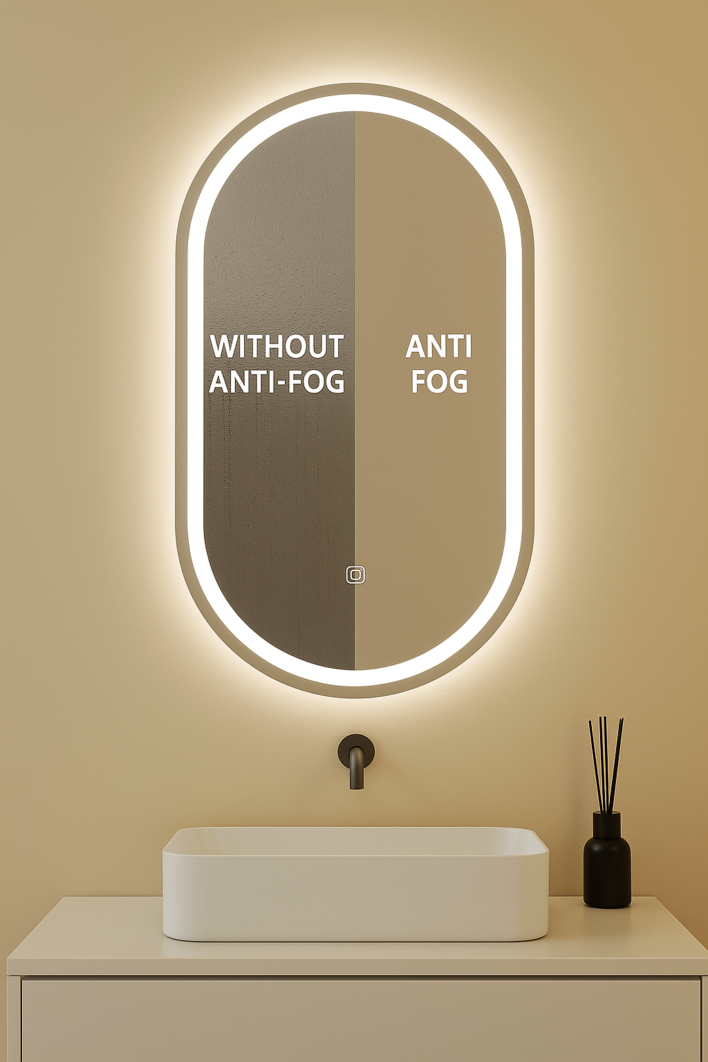 VERTICAL OVAL LED ANTI FOG SENSOR MOTION MIRROR 450MM X 900MM