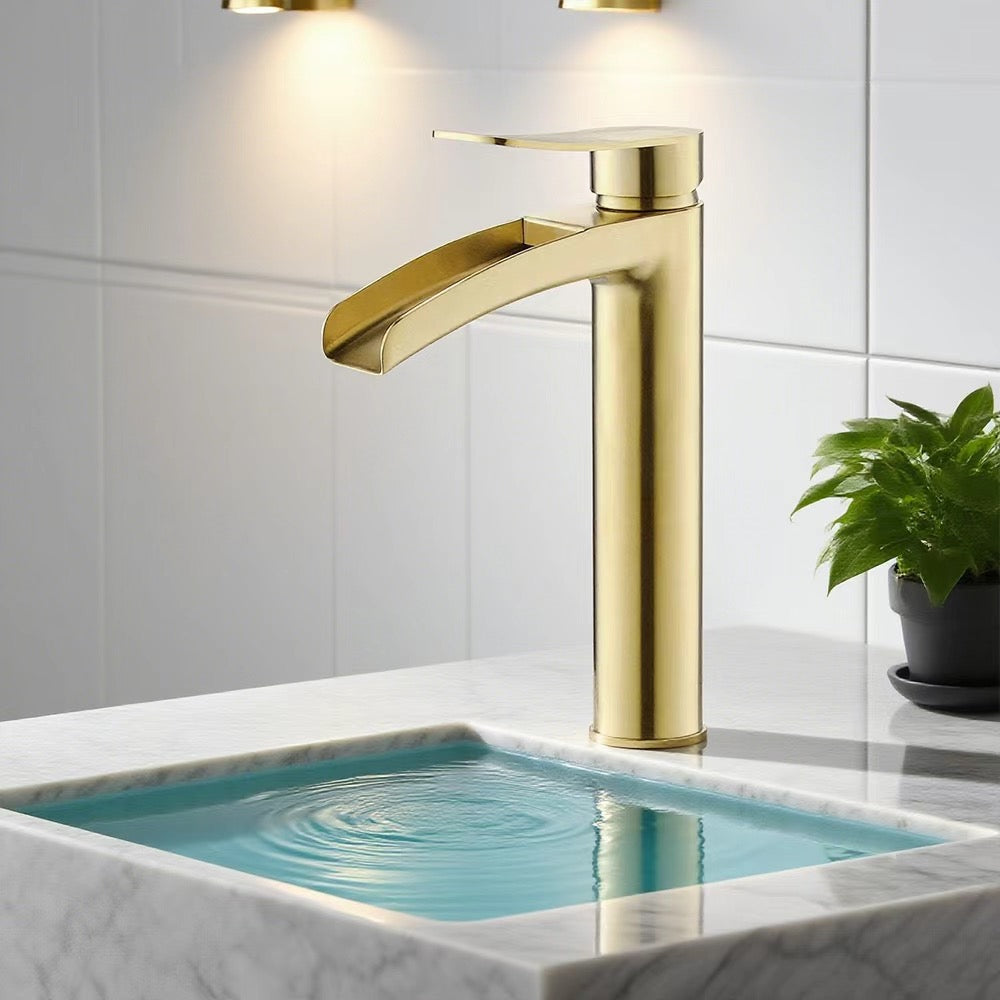 Forma high rise basin mixer waterfall tap brushed brass gold